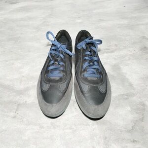 Salvatore Ferragamo Gray Suede & Leather Sneakers with Blue Laces